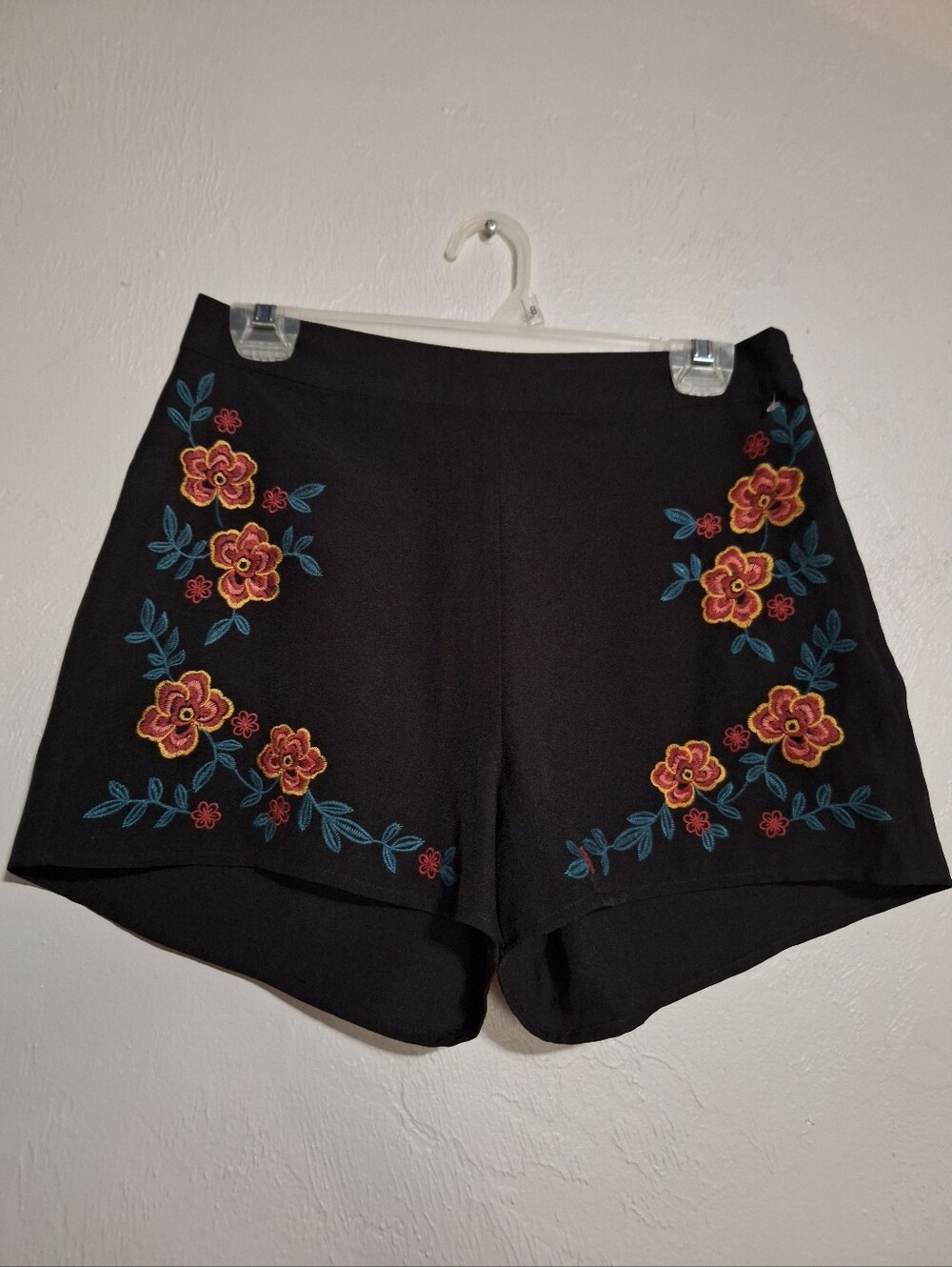 Altar'd State Black High-Waist Shorts with Red & Teal Floral Embroidery